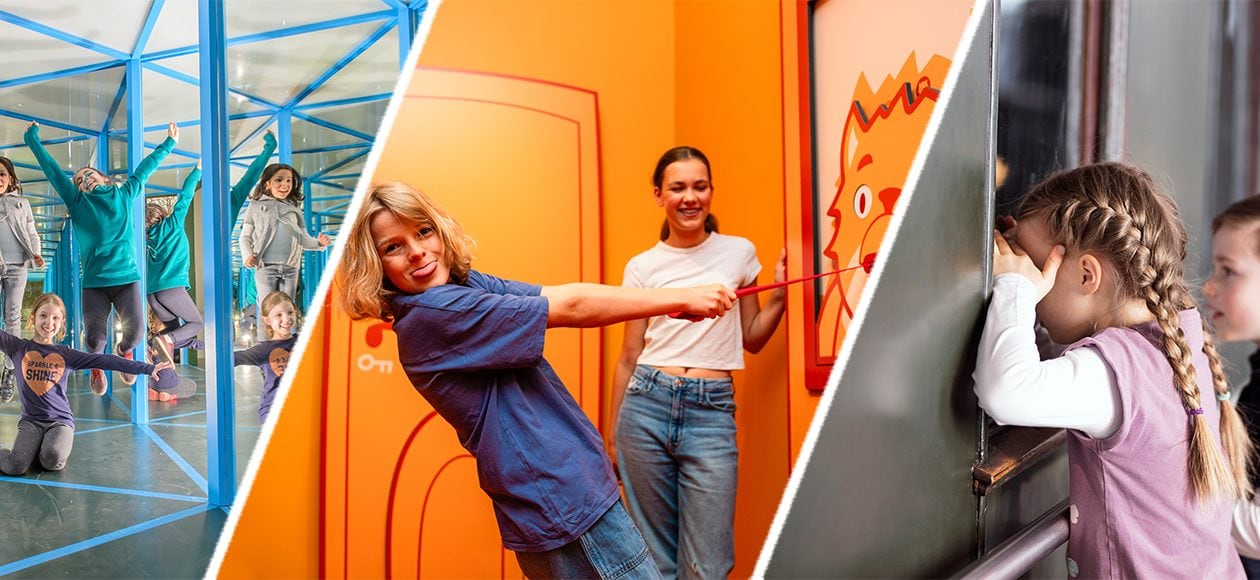 Collage mit drei Ausflugszielen in Dresden: „Welt der Sinne“ im Hygienemuseum, Escape Room zur Quantenphysik und Verkehrsmuseum.