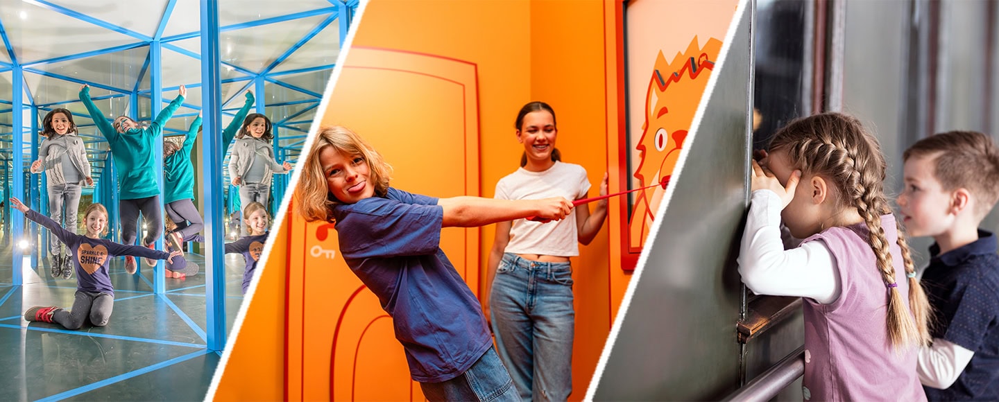 Collage mit drei Ausflugszielen in Dresden: „Welt der Sinne“ im Hygienemuseum, Escape Room zur Quantenphysik und Verkehrsmuseum.