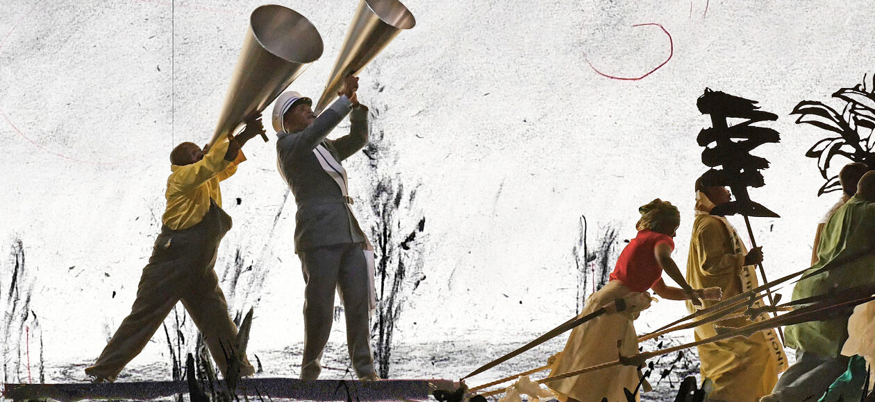 Ausschnitt aus „More Sweetly Play the Dance“ (2015) von William Kentridge, eine großformatige Videoinstallation.