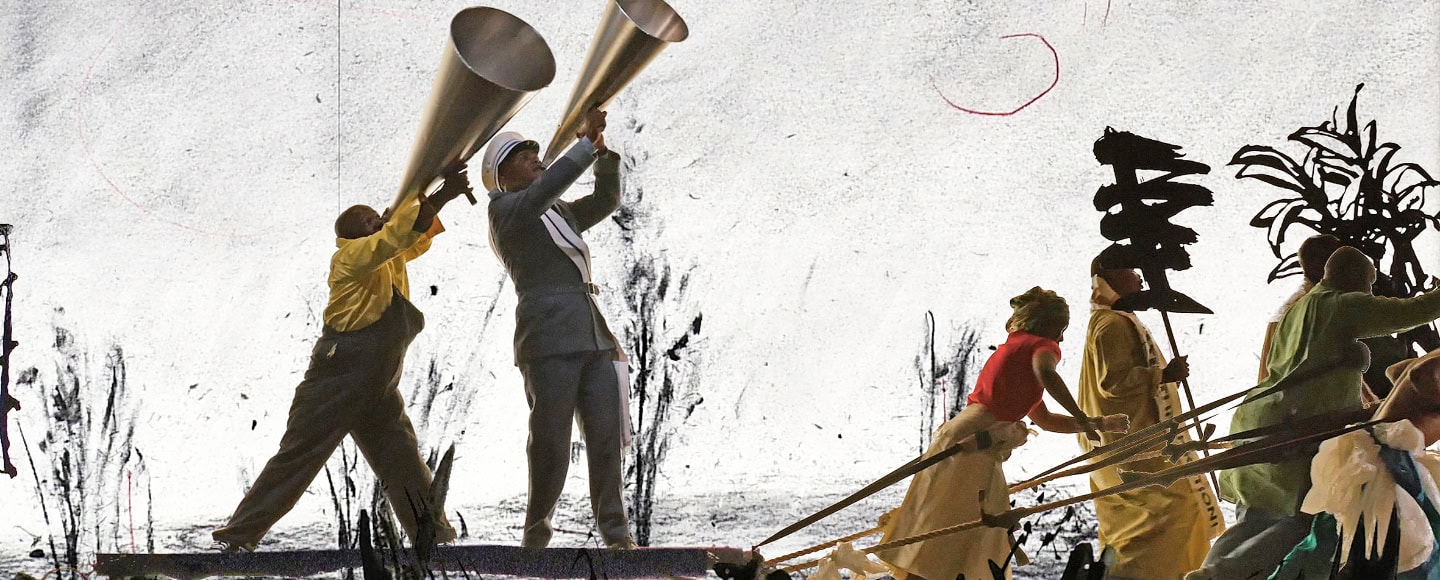Ausschnitt aus „More Sweetly Play the Dance“ (2015) von William Kentridge, eine großformatige Videoinstallation.