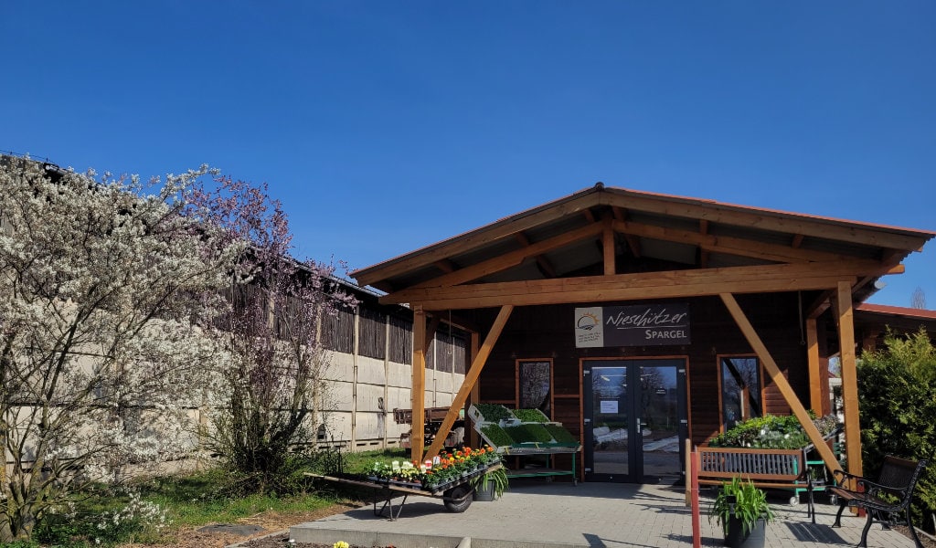 Hofladen Nieschützer Spargel mit blühenden Bäumen und Schubkarren