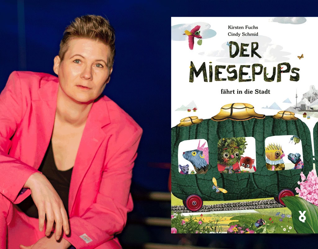 Porträt von Kirsten Fuchs, daneben Buchcover. 