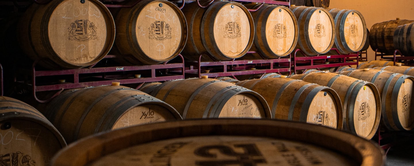 Zu sehen sind nebeneinander gelagerte Holzfässer der Dresdner Whisky Manufaktur.