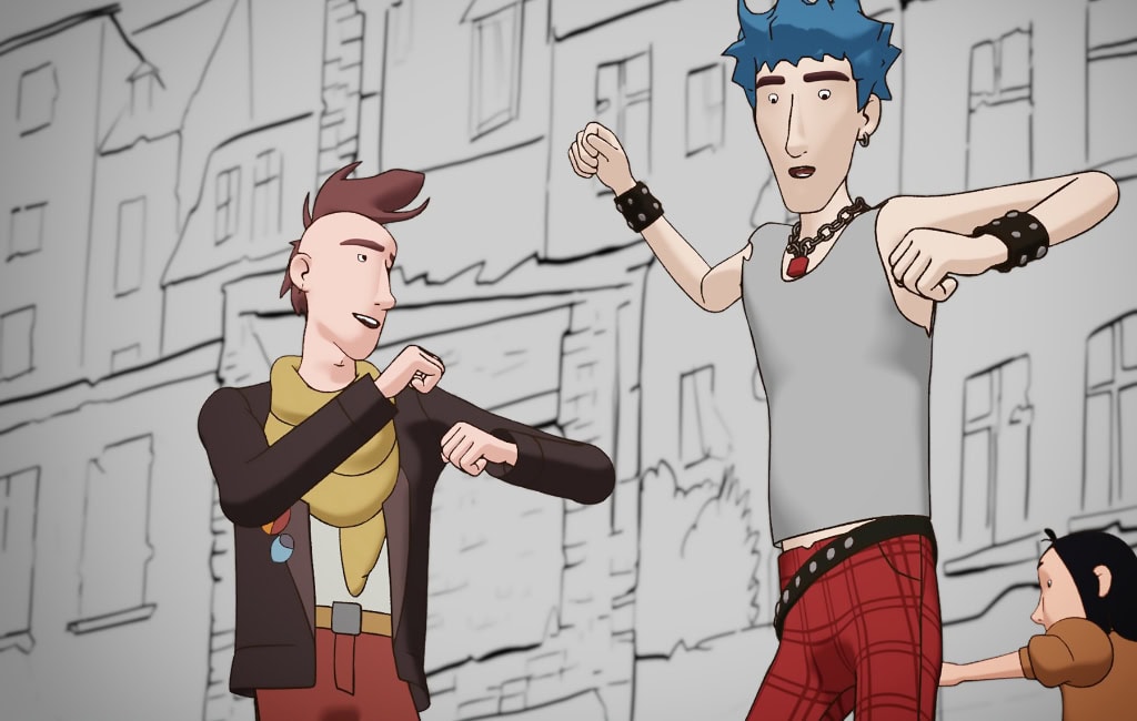 Gezeichnete Szene mit zwei tanzenden Jugendlichen vor stilisiertem Stadthintergrund – Beispiel für zeitgenössischen Animationsfilm.