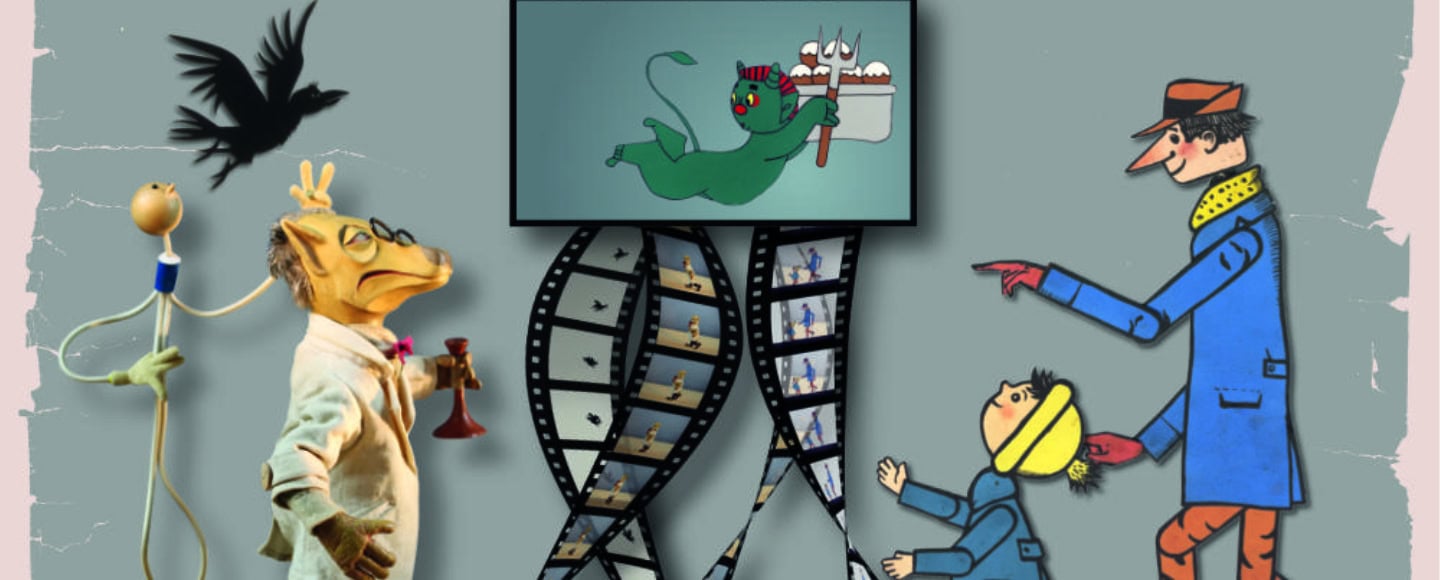 Collage mit Puppenfigur, Filmstreifen und Leinwand mit grünem Fabelwesen – Symbol für Dresdner Animationsfilm im DIAF.