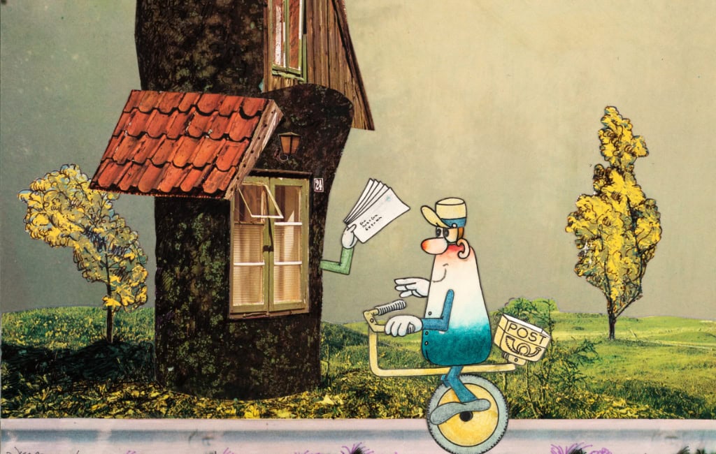 Farbige Legetrick‑Szene mit Postboten auf Einrad vor einem Baumhaus – typische Papier‑Collage des klassischen Animationsfilms.