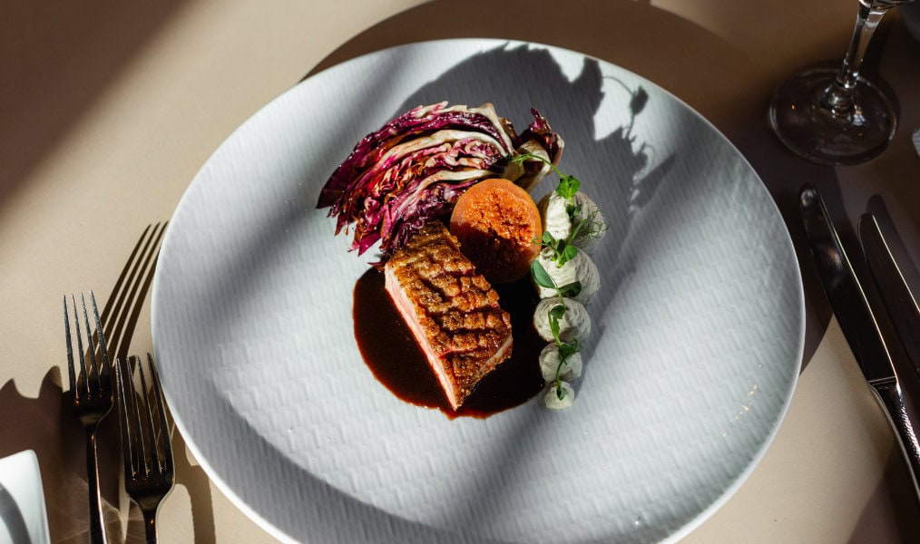 Gourmetgericht mit gegrillter Ente, Rotkohl und Sauce, garniert mit Gemüse auf einem weißen Teller
