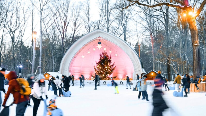 Eisläuferinnen und Eisläufer bewegen sich über die Eisfläche am Konzertplatz Weißer Hirsch in Dresden.