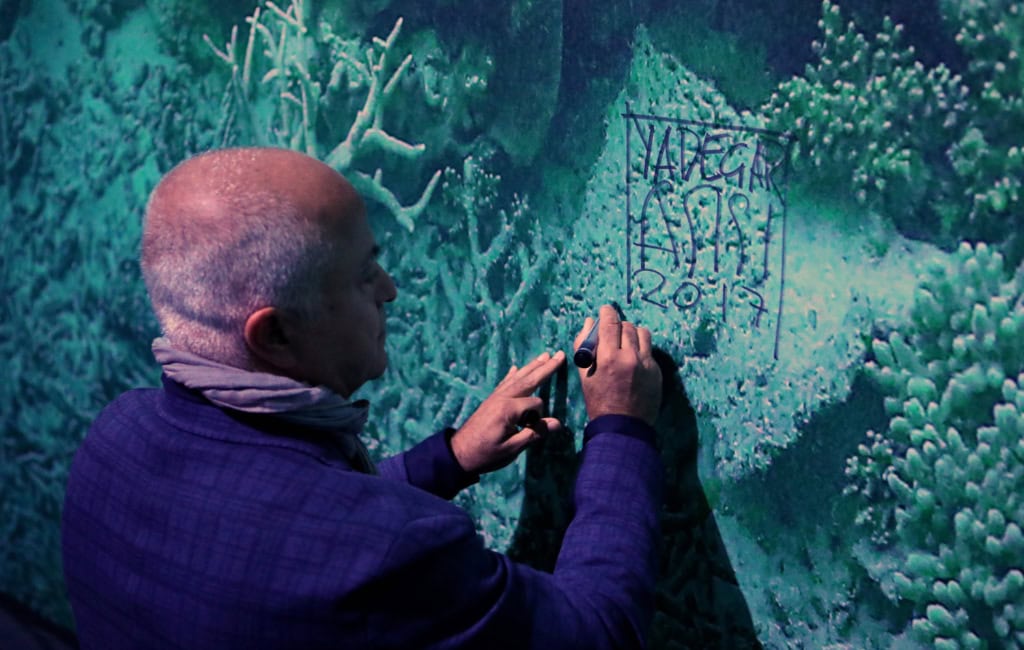Der Künstler Yadgar Asisi signiert auf dem Bild das "Great Barrier Reef"-Paorama in Rouen. Dort wurde die Ausstellung 2017 gezeigt. Ab dem 27. März 2026 wird es im Panometer Dresden zu sehen sein.