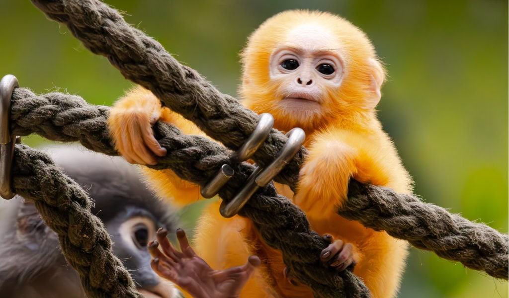 Ein junger Affe mit orangefarbenem Fell klammert sich an einem Ast.