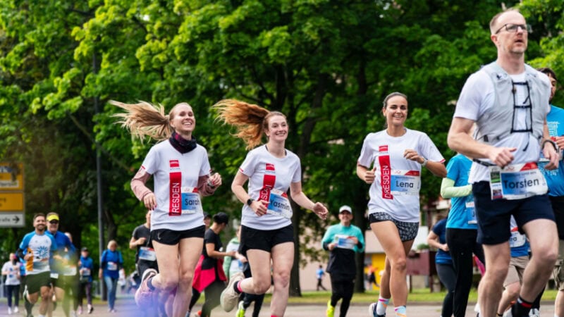 Mehrere Läuferinnen und Läufer nehmen an einer Straßenlauf-Veranstaltung in Dresden teil und joggen auf einer von grünen Bäumen gesäumten Strecke durch die Stadt.