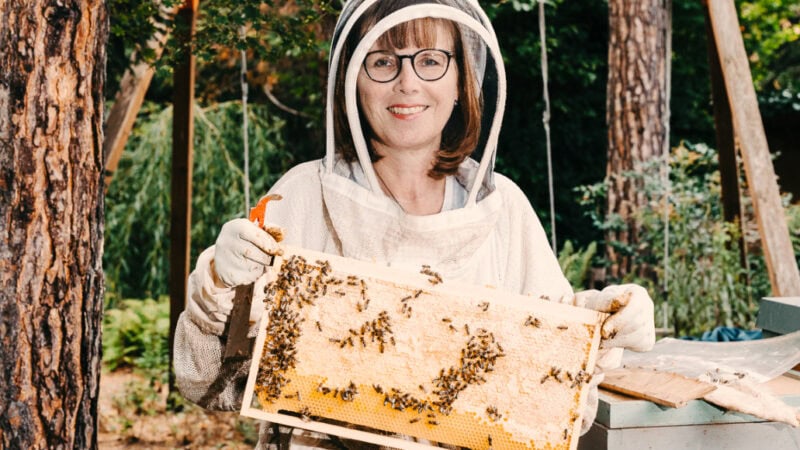 Imkerin im weißen Schutzanzug hält Honigwabe voller Bienen in grüner Gartenlandschaft.