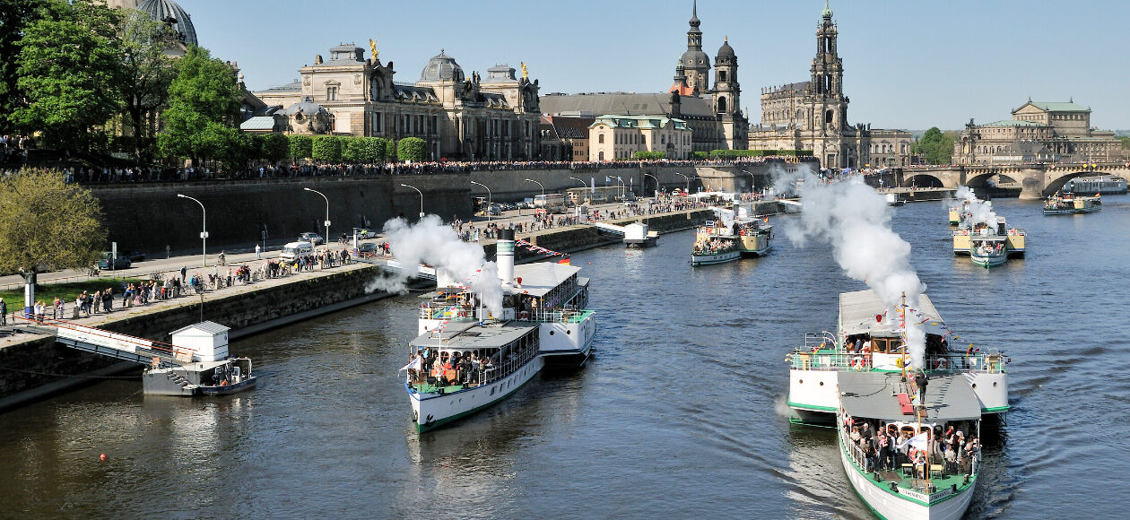 Mehrere weiße Raddampfer der sächsischen Dampfschiffahrt mit schwarzem Rauch fahren auf der Elbe vor der Dresdner Altstadt und steinernen Uferpromenade.