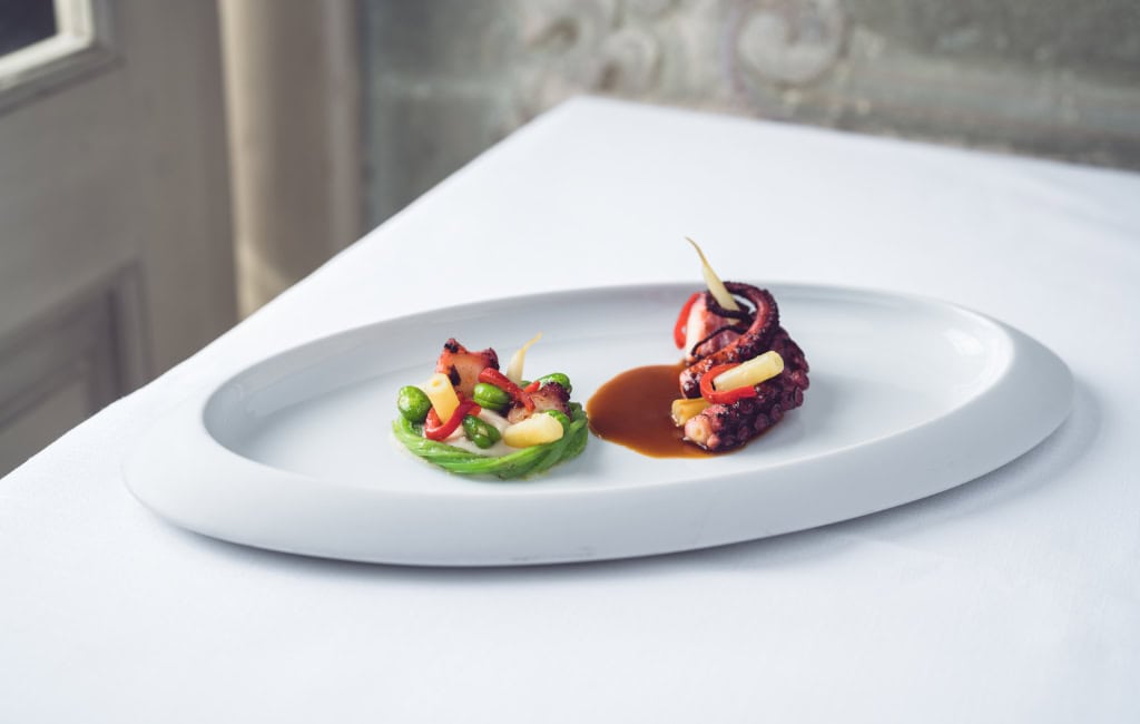 Restaurants in Dresden: Oktopus auf weißem ovalem Teller mit grünen Bohnen, roter Chorizo und dunkler Jus.