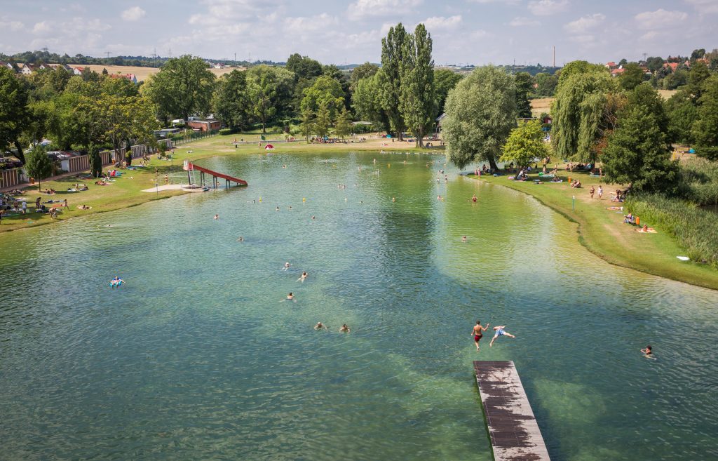 Naturbad Mockritz: Blick über das grüne Naturbad Mockritz mit Schwimmenden, Liegewiesen und altem Baumbestand.
