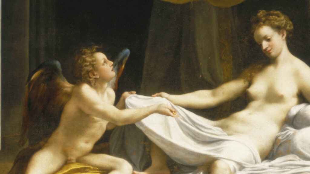 Correggios Gemälde Danaë zeigt die liegende Danaë mit Amor in einem dunkel gehaltenen Innenraum.