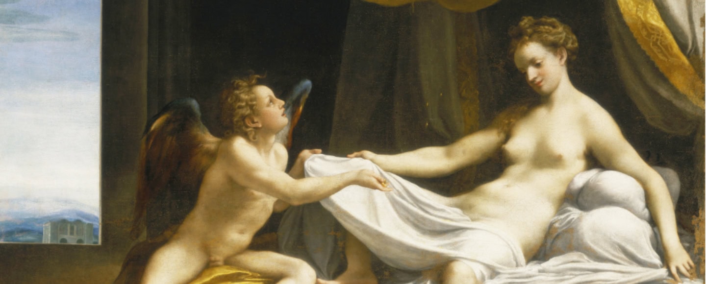 Correggios Gemälde Danaë zeigt die liegende Danaë mit Amor in einem dunkel gehaltenen Innenraum.